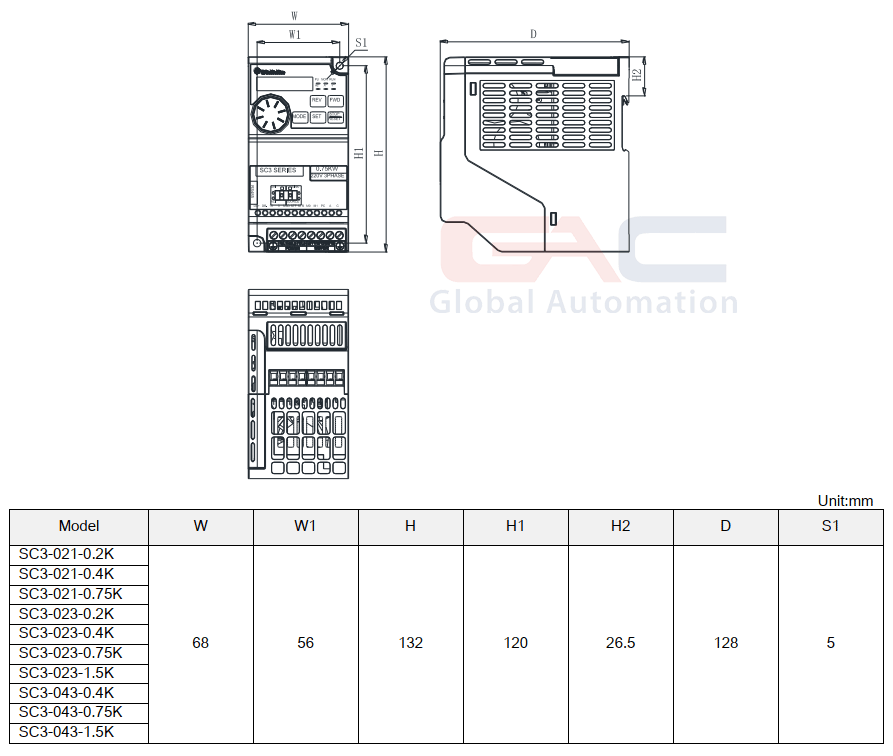 Bản vẽ phác họa Biến tần Shihlin SC3-043-0.75K 3 Pha 380V
