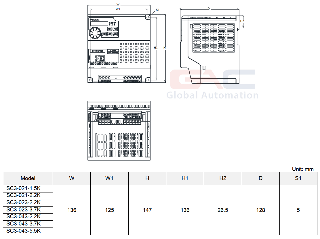 Bản vẽ phác họa Biến tần Shihlin SC3-021-1.5K 1 Pha 220V