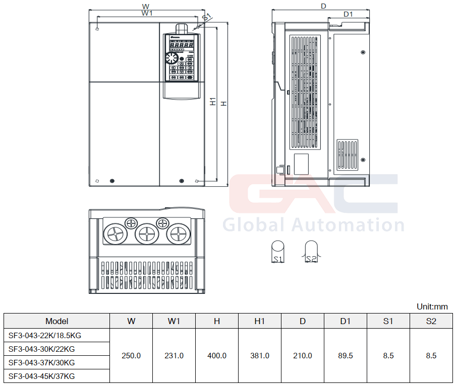 Bản vẽ biến tần Shihlin SF3-043-37K/30KG 3 Pha 380V