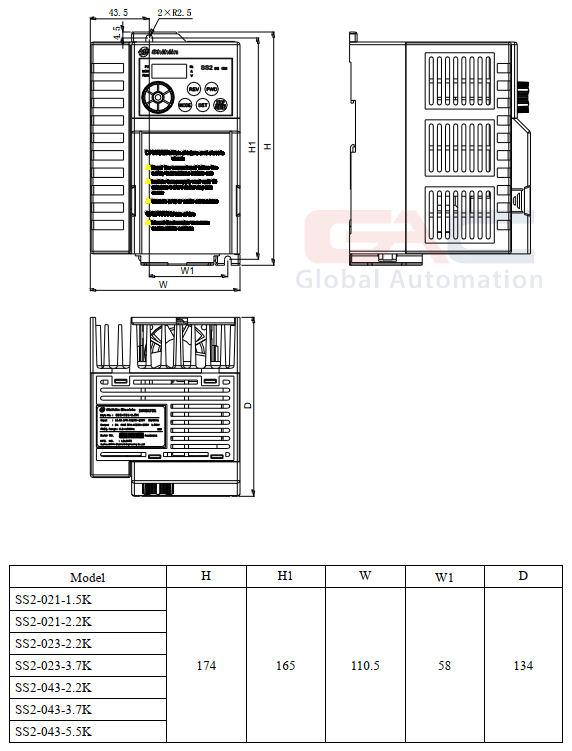 Bản vẽ phác họa Biến tần Shihlin SS2-021-2.2K 1 Pha 220V